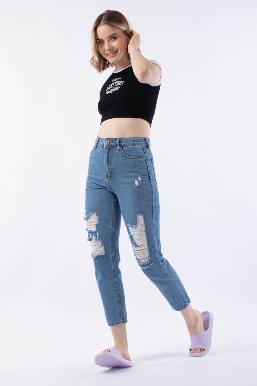 Light Blue Ripped Mom Jeans - مـوها ستـور