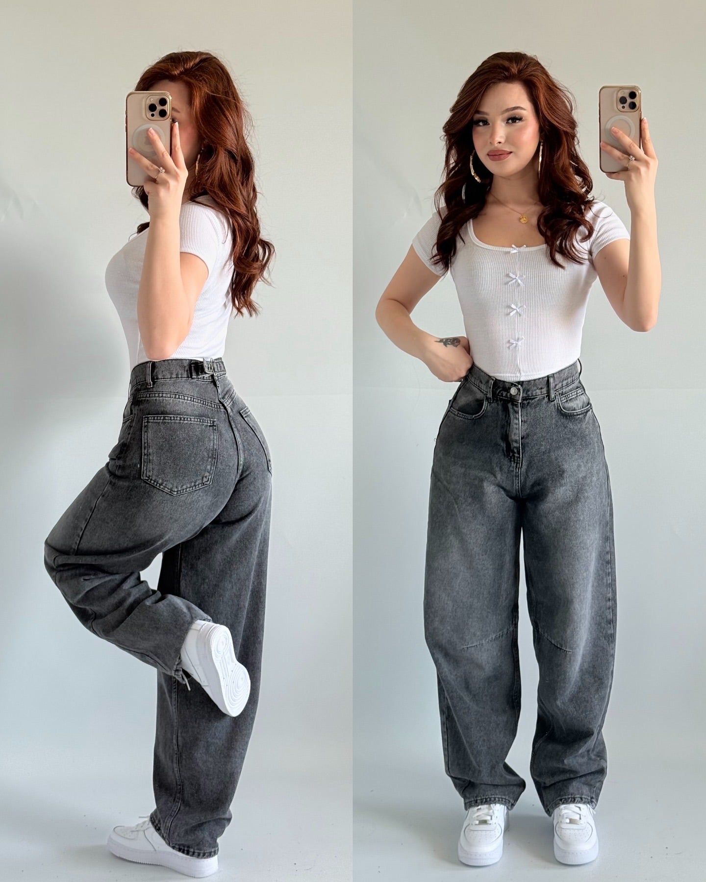 جينز باگي رمادي بكحت وحزام خلفي