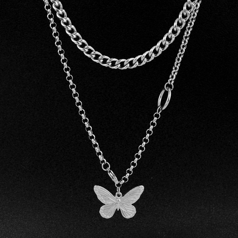 Stainless Steel Butterfly Double Layer Necklace A4