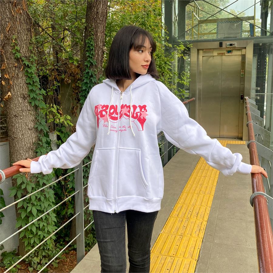 چاکەتی زیپ ئەپ بە کابۆی سپی (یەک ڕەگەز)