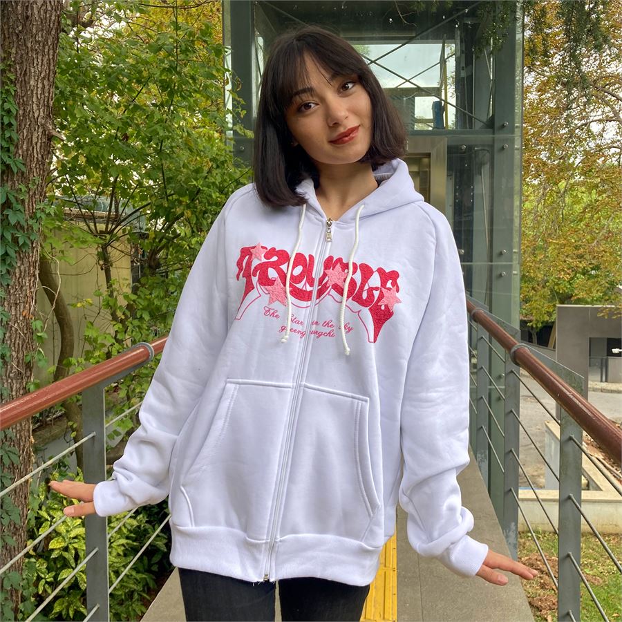 چاکەتی زیپ ئەپ بە کابۆی سپی (یەک ڕەگەز)