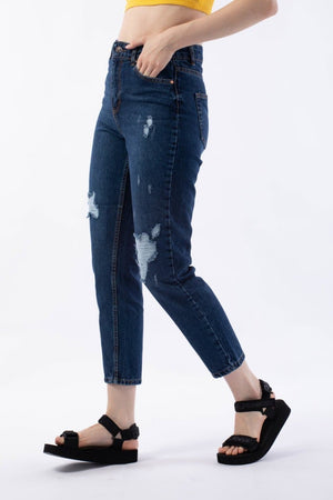 Dark Blue Torn Look Mom Jeans - مـوها ستـور