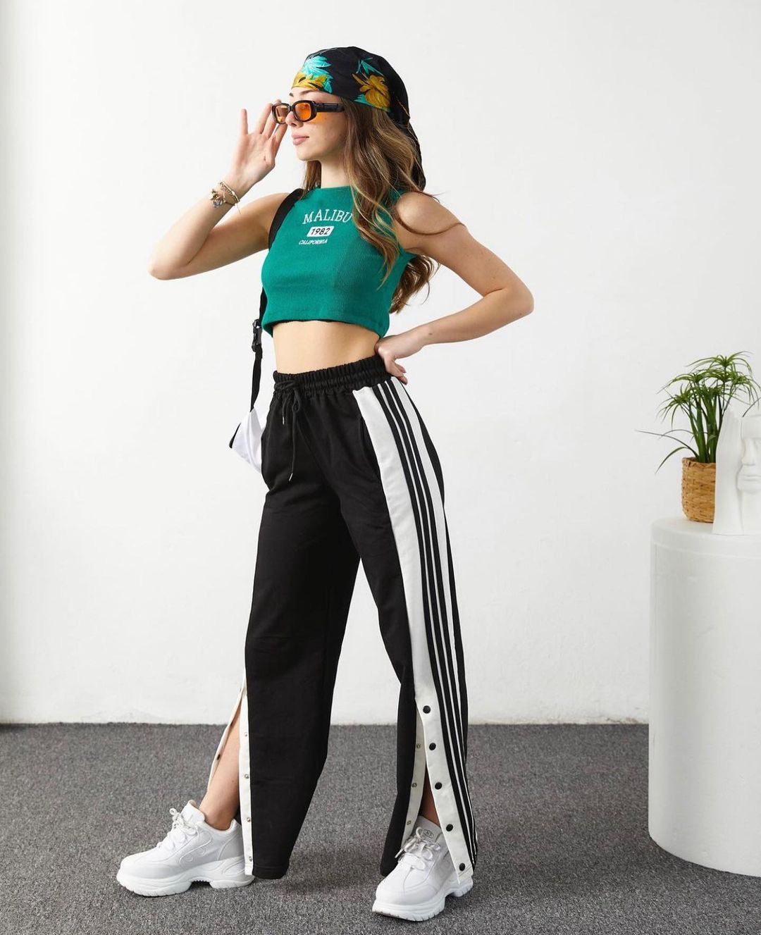Black Striped Snap Wide Leg Sweatpants - مـوها ستـور