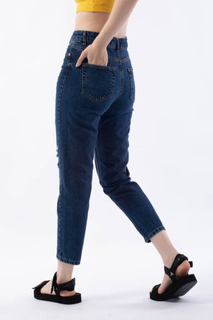 Dark Blue Torn Look Mom Jeans - مـوها ستـور