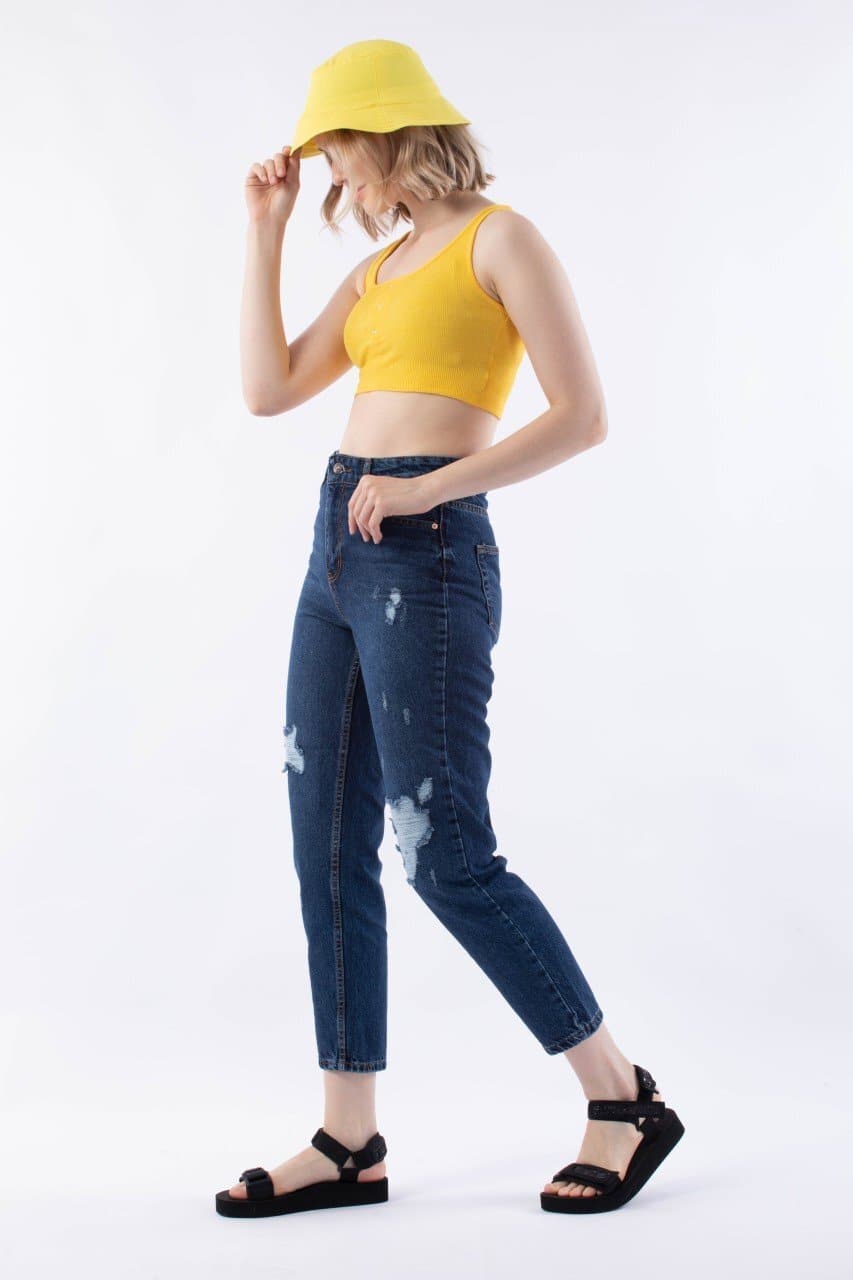 Dark Blue Torn Look Mom Jeans - مـوها ستـور