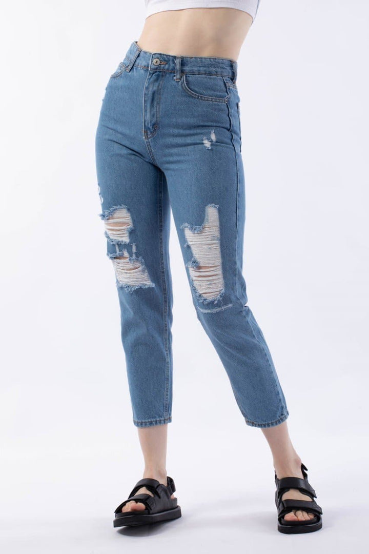 Light Blue Ripped Mom Jeans - مـوها ستـور