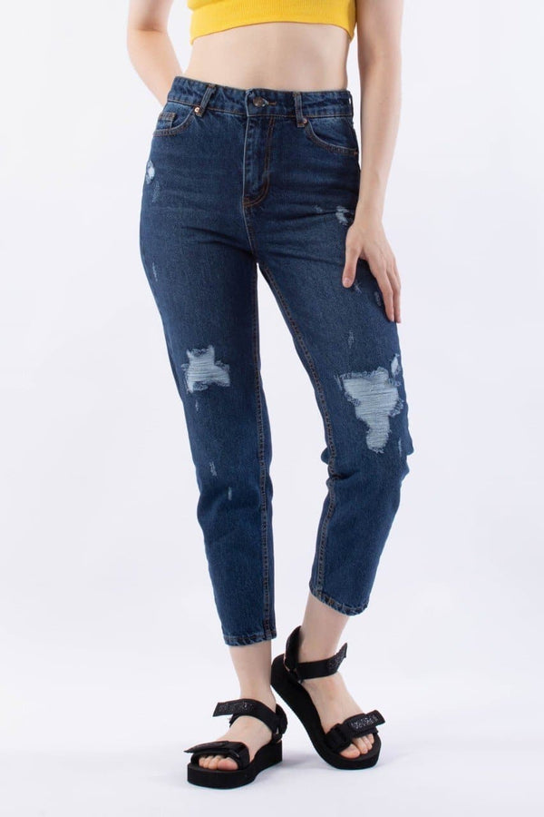 Dark Blue Torn Look Mom Jeans - مـوها ستـور