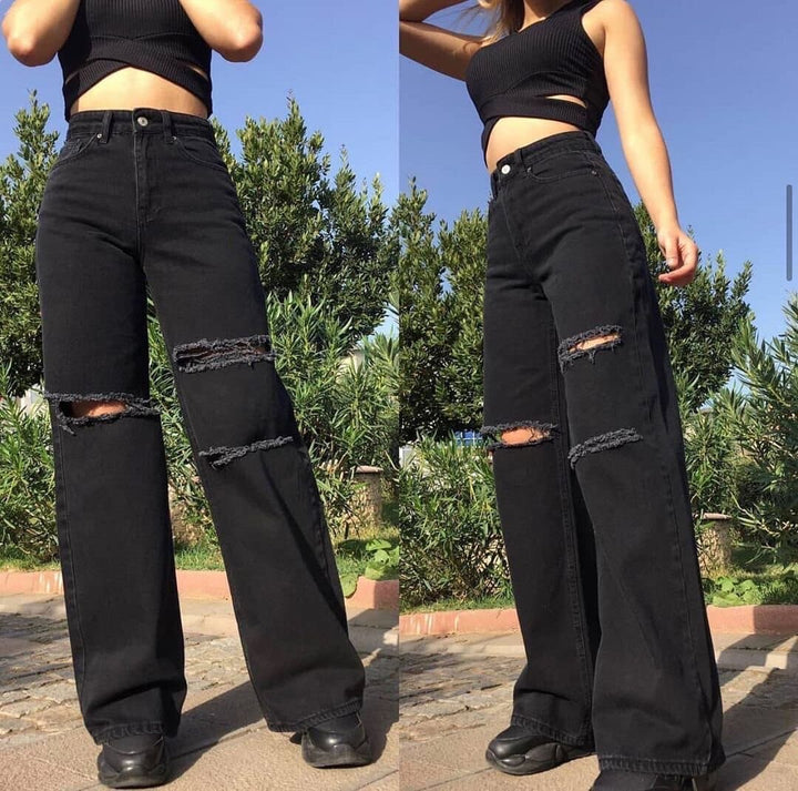 Black Jeans ‏wide leg Ripped A3 - مـوها ستـور