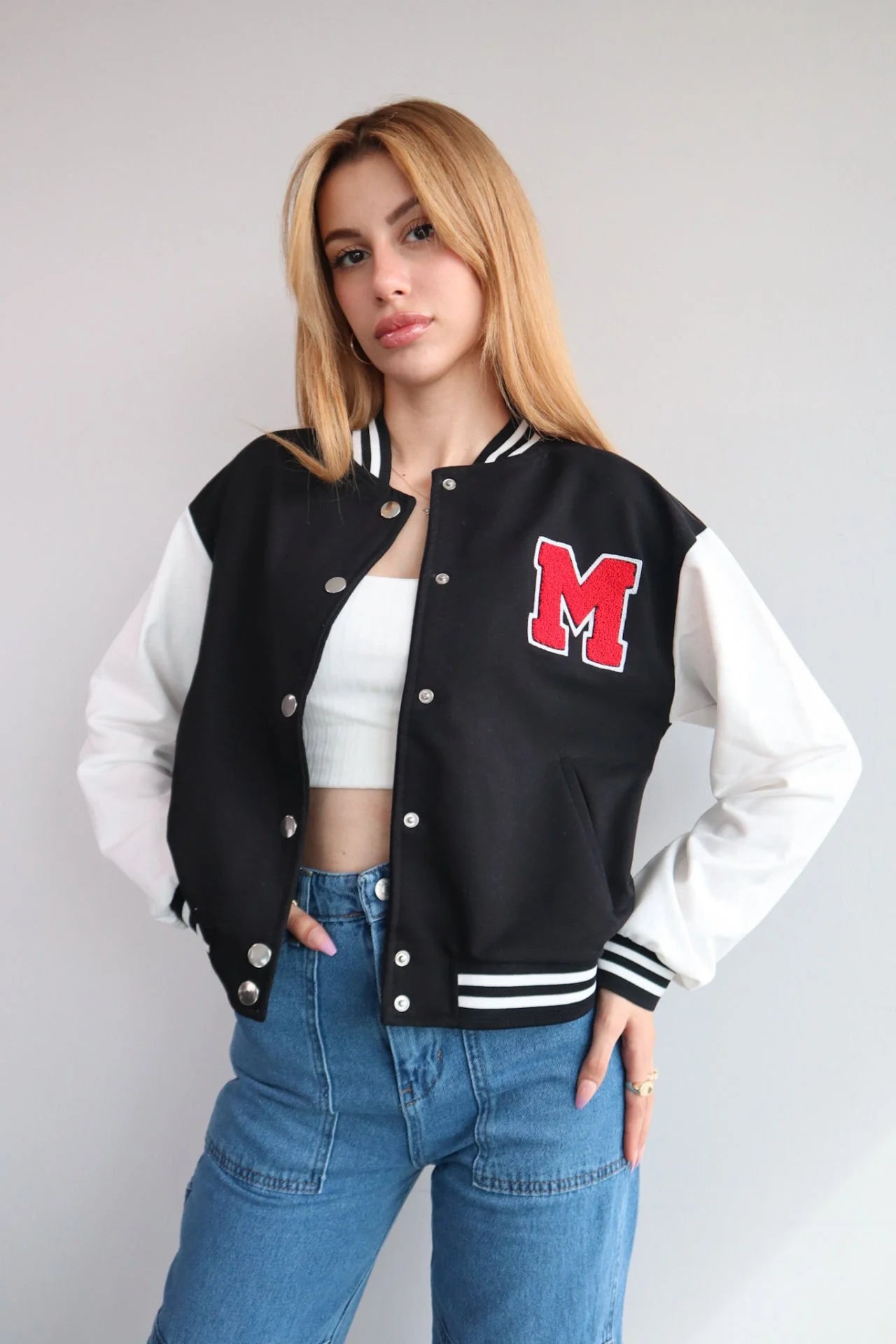 Red M embroidery College Jacket
